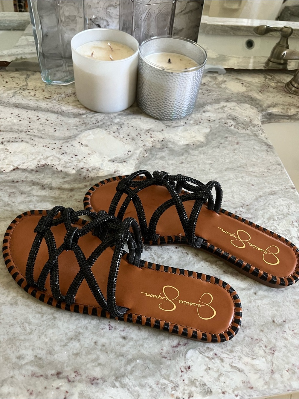 Jessica Simpson Black Beaded Slide Sandals